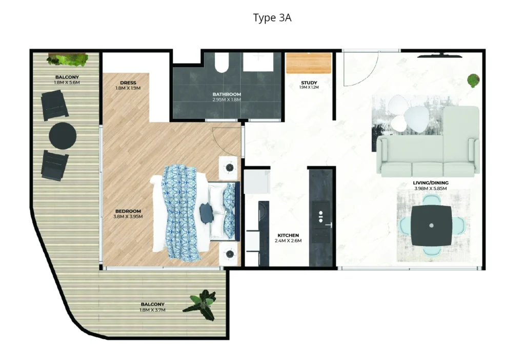 Hatimi by Fakhruddin Properties - One Bedroom Apartment Type 3A Flat plan