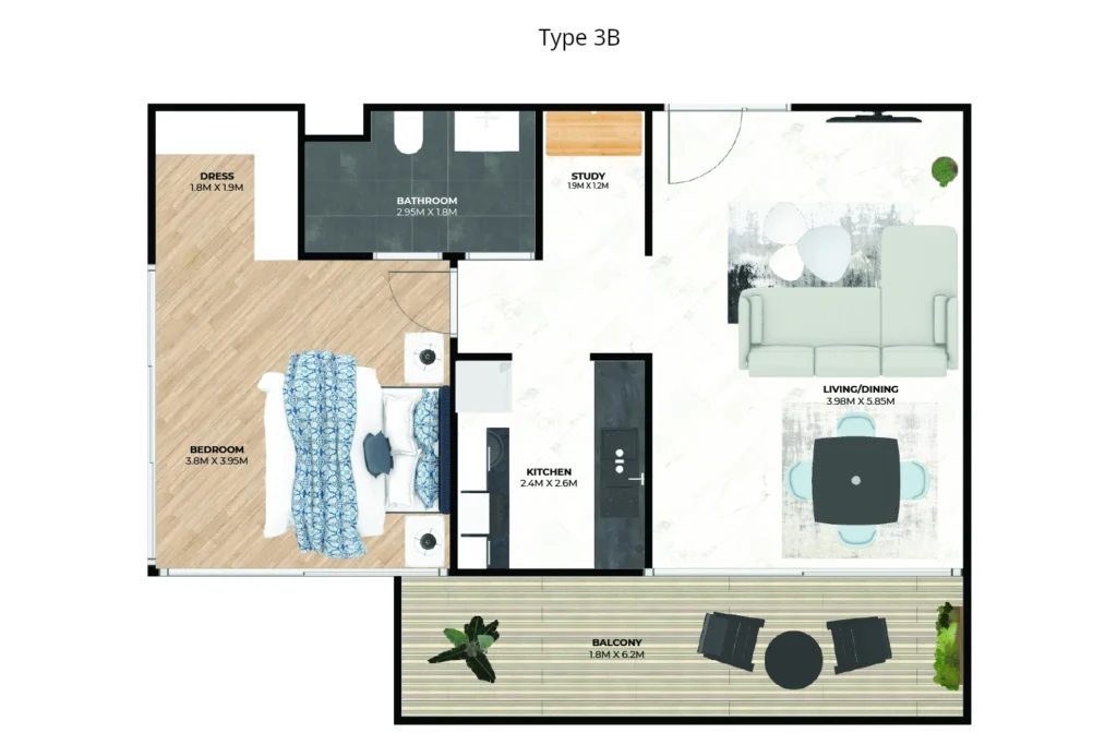 Hatimi by Fakhruddin Properties - One Bedroom Apartment Type 3B Flat plan
