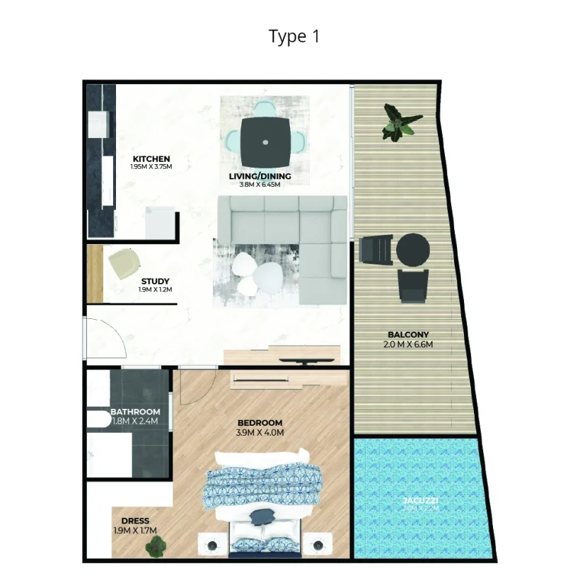 Hatimi by Fakhruddin Properties - One Bedroom with Jacuzzi Type 1 Flat Plan