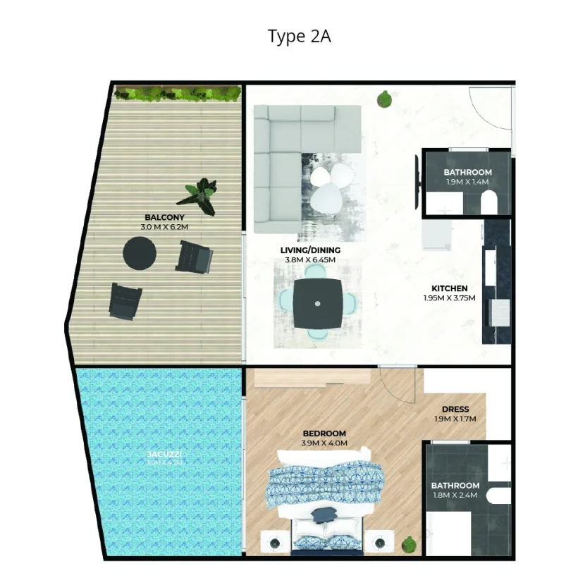 Hatimi by Fakhruddin Properties - One Bedroom with Jacuzzi Type 2A Flat Plan
