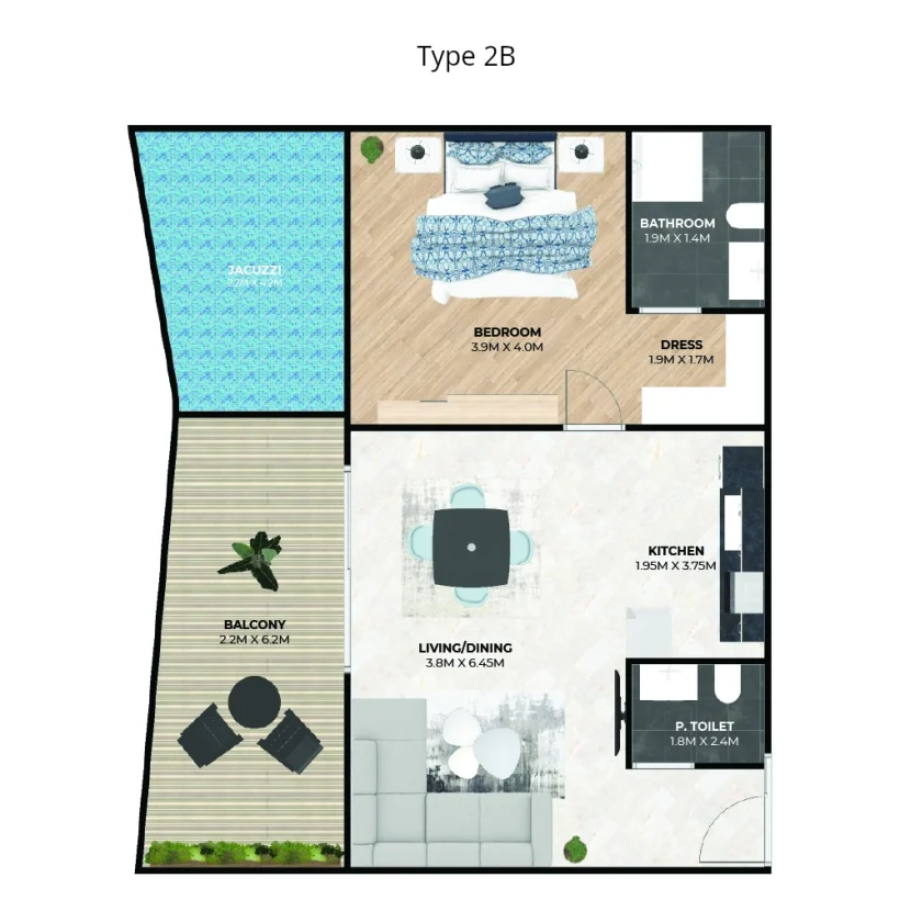 Hatimi by Fakhruddin Properties - One Bedroom with Jacuzzi Type 2B Flat Plan