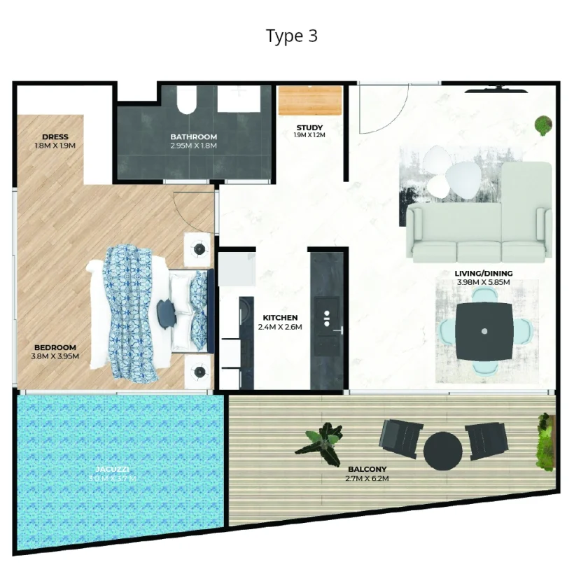 Hatimi by Fakhruddin Properties - One Bedroom with Jacuzzi Type 3 Flat Plan